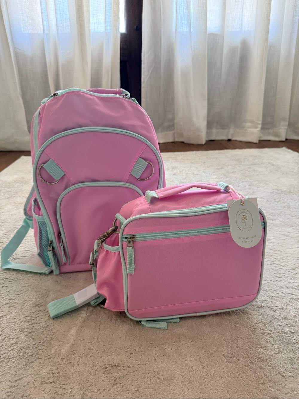 Sweethoney: Kids Pink Backpack and Lunchbag Set with Mint Trim